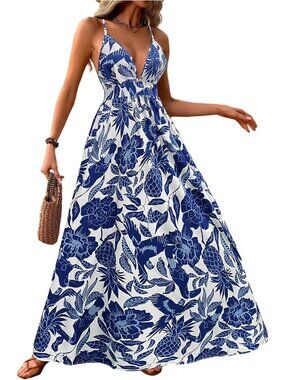Women's Blue and White Multi Boho Flowy Maxi Backless Summer Beach Wedding Dress